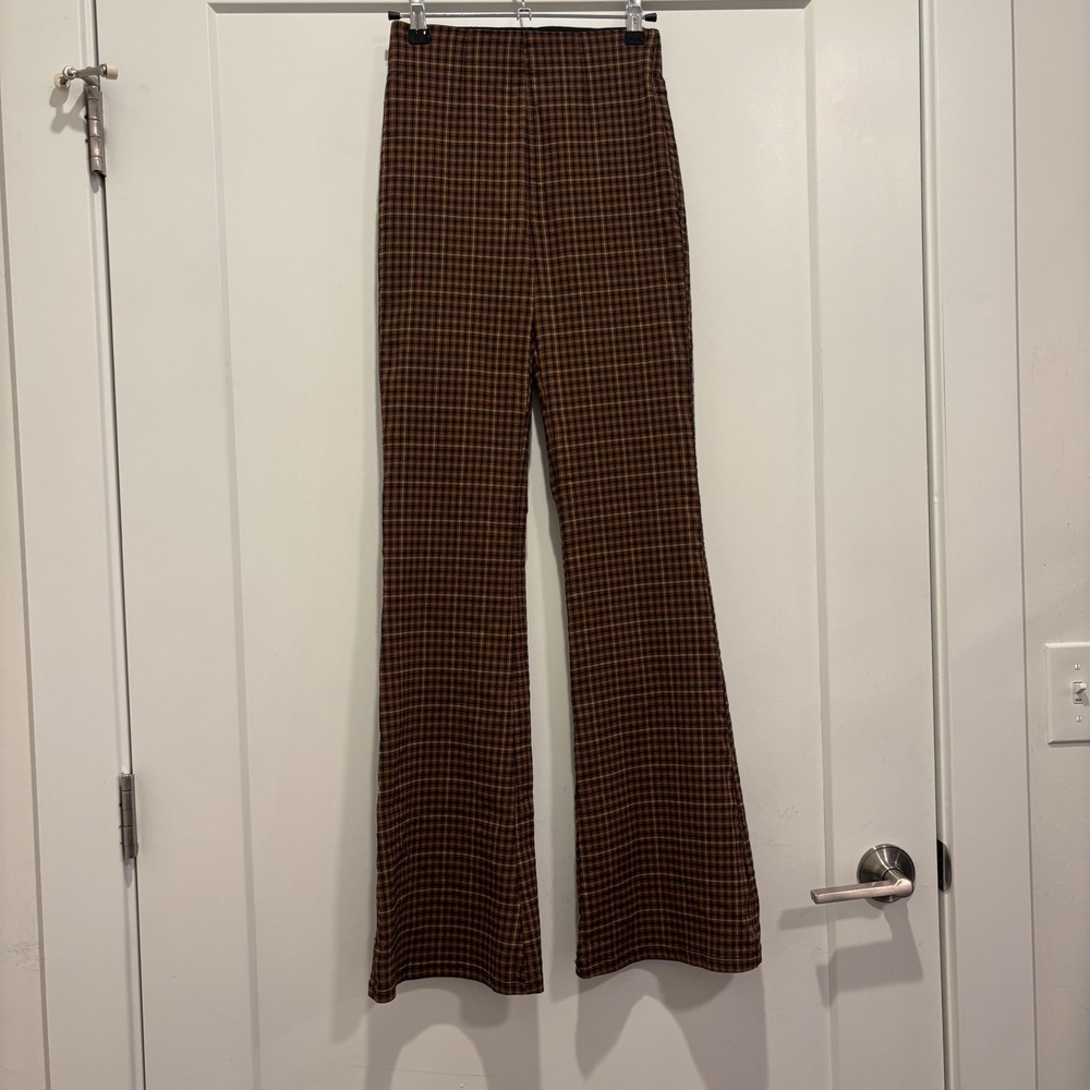 Garage Brown Plaid High Waisted Flare Pants Side Zip Size XS